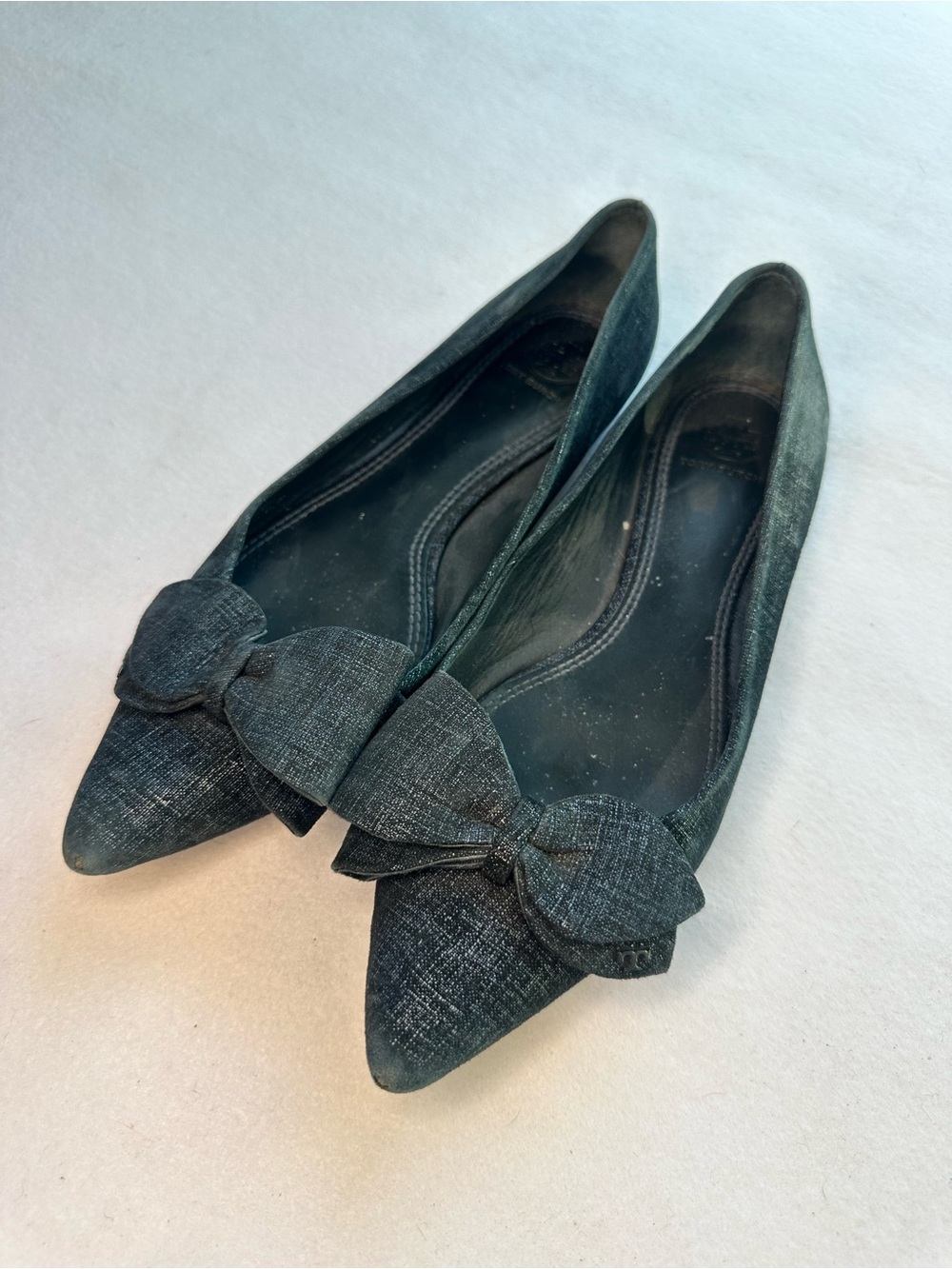Tory Burch Pointed Toe Bow Ballet Flats Dark Denim Fabric Black Size 39